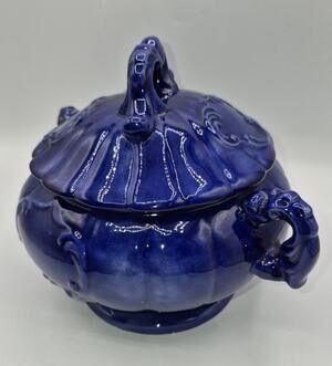 Studio Pottery Blue Stoneware Soup Tureen w/ Lid & Ladle – Mold-Formed – Signed